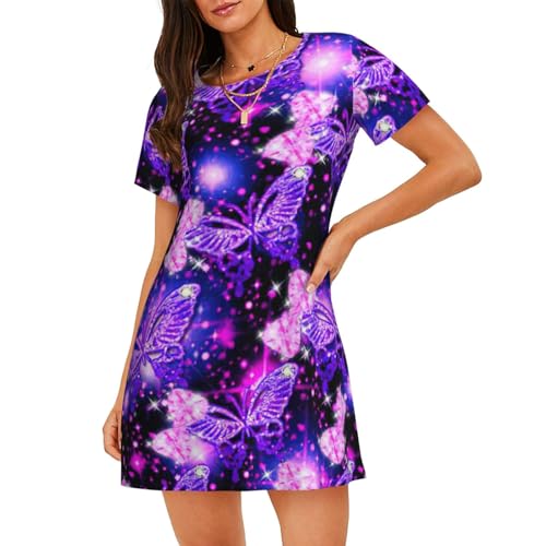 Robe de nuit papillon violette pour femme en coton léger