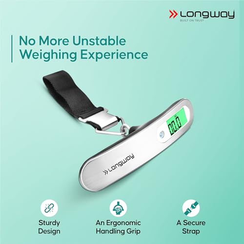 Image of Longway Traveltare Digital Portable Luggage Weighing Scale | LCD Display for Accurate Measurements | Lifetime Replacement | Weighing Scale for Home, Travel, Flights & Bags (Silver, 50 kg)