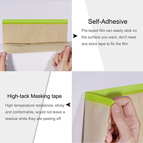 Image of uxcell Pre-Taped Masking Film, 24 inch x 49ft, Brown Paper Drop Cloth with High-Tack Painters Tape for Painting Protection 2Pcs