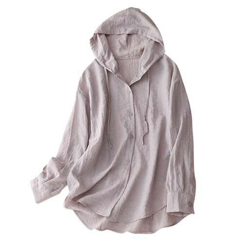 Cotton Linen Hoodie Women Sun Protection Clothing Lightweight Long Sleeve Button Down Shirts Beach Coverups Pink L