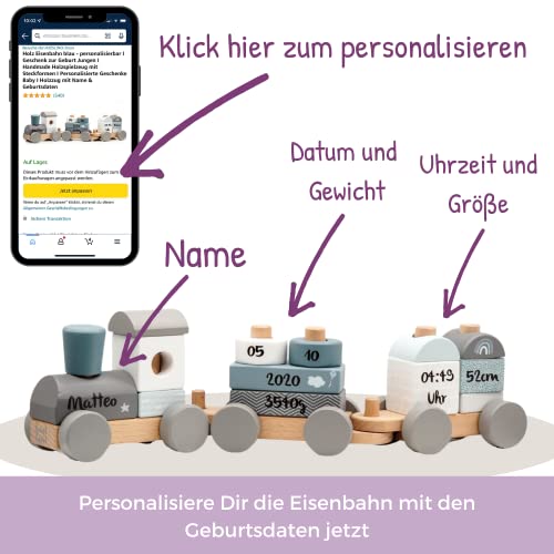 KIDSLINO Holz Eisenbahn blau - personalisierbar, zur Geburt Jungen, Handmade Holzspielzeug mit Steckformen, Personalisierte Geschenke Baby, Holzzug mit Name & Geburtsdaten – Bild 7