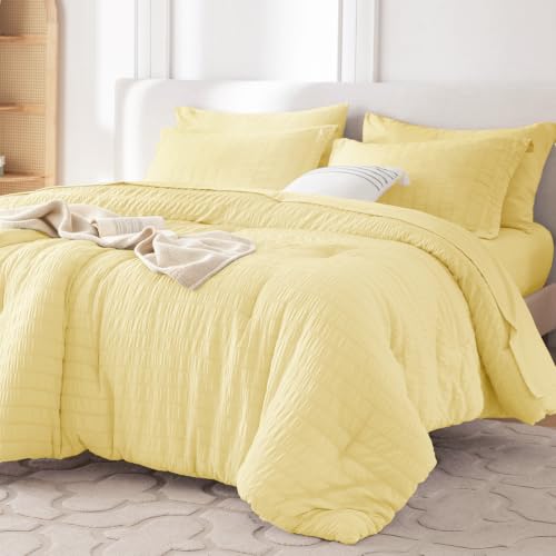 Image of MUXHOMO 7 Pieces Full Comforter Set, Seersucker Bed in a Bag Full Size, All Season Luxury Bedding Set with Comforter, Flat Sheet, Fitted Sheet, Pillowcases & Shams, Yellow