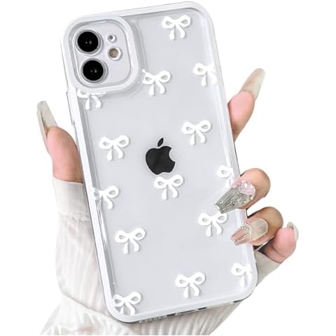 NITITOP Compatible with iPhone 12 Case Cute Clear White Durable Ribbon Bowknot Pattern for Girls Women Soft TPU Transparent Full Camera Lens Shockproof Protective Phone Cover - White Cover