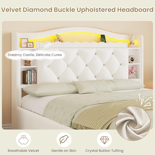Image of DICTAC Full Size Bed Frame for Kids with 4 Storage Drawers, Bookcase Headboard, LED Lights and Power Outlets, Diamond Tufted Velvet Upholstered Princess Platform Bed, Heavy-Duty Metal Support, Beige