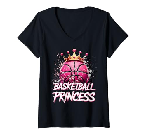 Womens Girls Basketball Princess Pink Basketball Ball Crown Women V-Neck T-Shirt