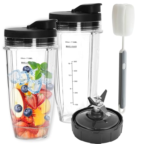 6PCS Blender Replacement Parts Compatible with Nutri Ninja - 2 x 24oz Cups with 2 Flip Top to-Go Lids & Brush Compatible with Nutri Ninja BL480/BL490/BL640/BL682/NN102/BL2012/CT641/BL488W - 30