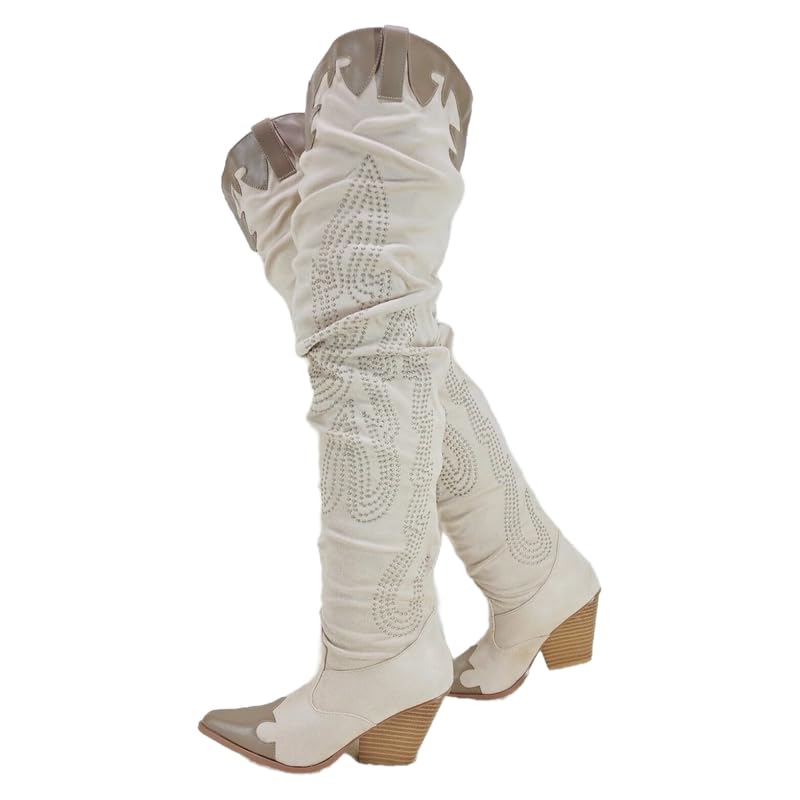 sexytag Thigh High Cowboy Boots for Women Over The Knee Cowgirl Boots Chunky Low Heel Western Boots