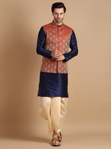 Image of Men's Silk Blend Solid Kurta Dhoti Set with Designer Ethnic Nehru Jacket