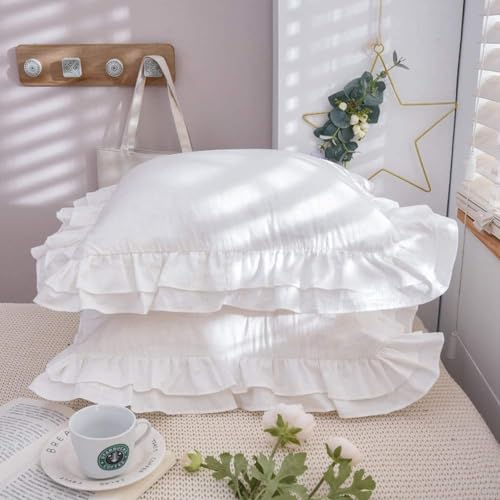 Lemfux WHITE DECORATIVE PILLOW COVER 100% Cotton Ruffle Pillow Shams, 18X18 Inches White Euro Sham Covers Square Cushion Cases With Ruffle Cotton Shabby Chic Rustic Pretty Vintage Bed European Shams Set Of 2 Cute Plain- 2 Pack thumb #2
