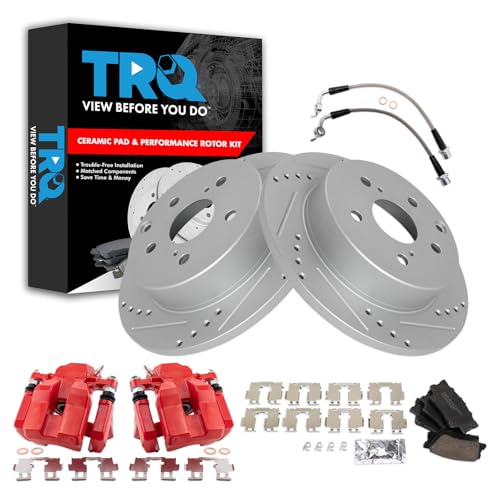 Image of TRQ Performance Rear Brake Pad and Rotor Set Ceramic Slotted Drilled Coated