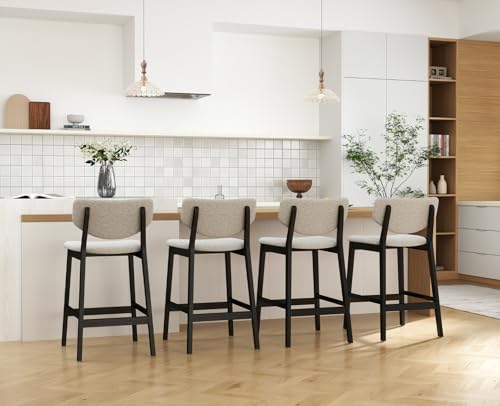 Butacos modernos de altura para barra EALSON, juego de 2 unidades, con respaldo y tapizado en tela de lino gris, estructura de madera negra, para isla de cocina, comedor o pub miniatura 7