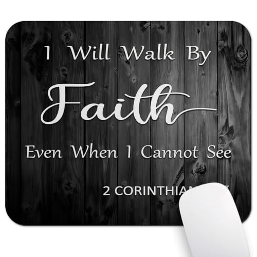 Wknoon 9.5"x 7.9" Mouse Pad (2 Corinthians 5:7), Non-Slip Mat for Desk, Gaming & Office Work, I Will Walk By Faith Even When I Cannot See, Christian Bible Verse Scripture Quote Rustic Black Wood
