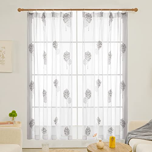 Deconovo レースカーテン UVカット 外から見えない 幅100x丈176cm 2枚組 グレーホワイト 木柄 おしゃれ 断熱 保温 猛暑対策 透けない 柔い 北欧