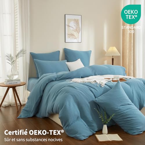 Housse de couette gaze de coton 220x240 bleu parure de lit double 100% coton - 5