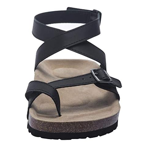 JITUUE Strappy Gladiator Sandals for Women Buckle Slingback Summer Shoes Cross Toe Ankle Strap Cork Sole Leather Flats (US 9, Black) Cover