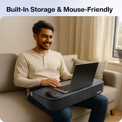 Image of FOVERA Lap Desk Cushion | Fits up to 17 inch Laptop | High-Density Foam Cushion, Mouse-Friendly Flux Leather Top Surface, Soft Wrist Support, Side Storage Pockets, Removable Cover (Medium, Black)