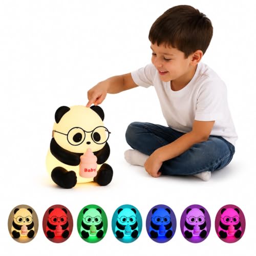 Image of HUMAIZAR Baby Panda Silicone LED Night Lamp - Cute Panda Night Light with Goggles, Multicolor Touch Bedside Lamp for Kids Room Decor, Rechargeable Nursery Night Light, Birthday Gift for Girls Boys