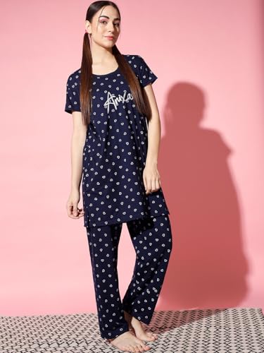 Image of Printed Round Neck Short Sleeve Nightsuit Set | Casual Night Dress for Women