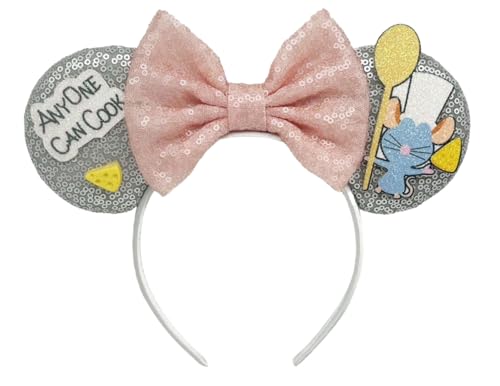 QHQ-SHININGLIFI Chef Mouse Ears Headband Gray Ear & Pink Bow and Cheese Accents Funny Accessory for Kitchen Theme Costume Party Birthday Halloween Park Kitchen hair tie; ZSS6
