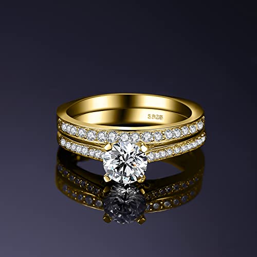 JewelryPalace 1ct Simulated Diamond Engagement Rings for Women, 14k White Yellow Rose Gold Plated 925 Sterling Silver Promise Rings for her, Cubic Zirconia Anniversary Wedding Eternity Band Ring Set3
