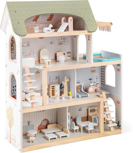 GOPLUS Maison de Poupee en Bois à 4 Étages, Maison de Rêve avec 33 Accessoires, 6 Chambres, Balcon avec Piscine, Jouet Éducatif pour Filles Garçon de 3+...