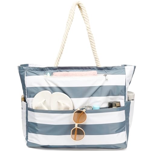 Fammart Large Beach Bag for Women, Waterproof Travel Tote Bag with Lunch/Wet Pocket for Weekender, Sandproof, Zipper Closure