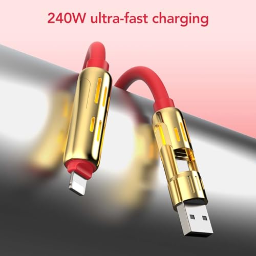 Image of MFish 240W 4-in-1 Fast Charging Cable, Red, 6.6FT | Carrying Case, USB-A & USB-C to USB-C /Lightning, For iPhone 17 /16 /15 /14, MacBook, iPad, Laptop, Samsung S25 /S24