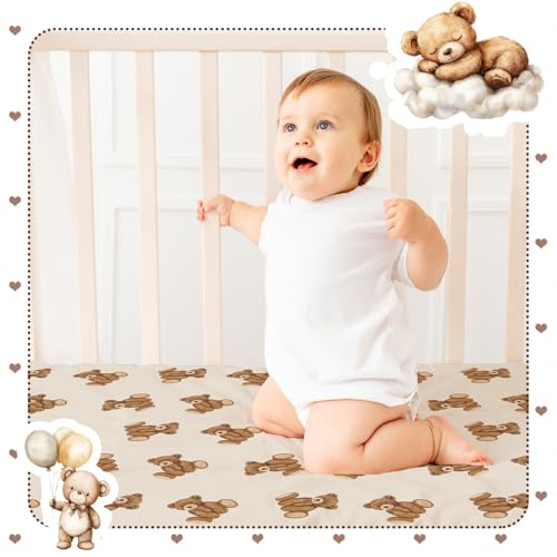 Image of Peryiter 4 Pack Crib Sheets for Baby Brown Bear Baby Bed Sheet Set 52'' x 28 inch Soft Nursery Crib Sheets for Standard Bed Toddler Mattress Nursery Decor Boys Girls Kids