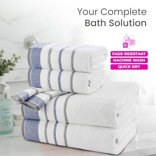 Image of Casa Copenhagen, Germany Design - White Bay Super Soft Collection 100% Cotton 6 Piece Towel Set, Includes 2 Bath Towels 2 Hand Towels 2 Washcloths - Grey & Blue
