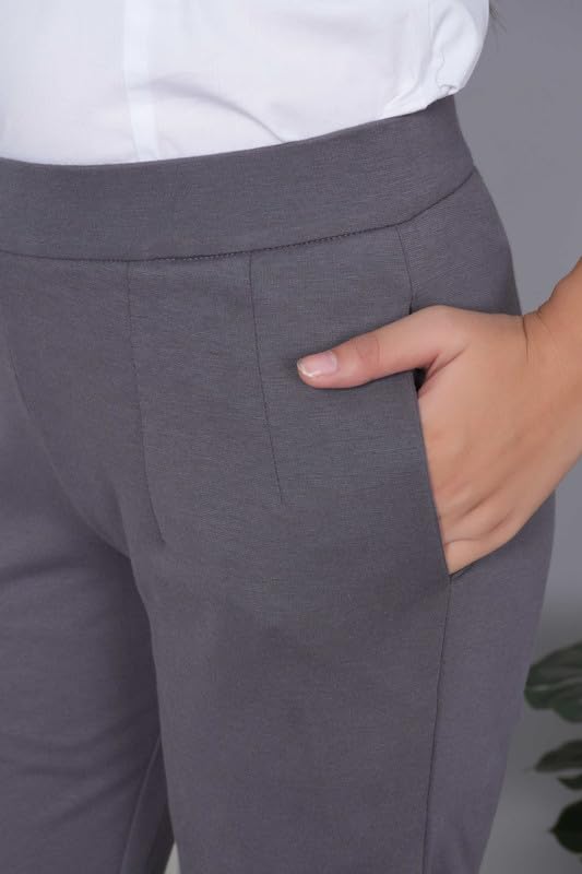 Image of Mlada Straight Fit Cigarette Pencil Pants Elastic Waist Band Mid High Waist Formal Office Trousers for Women, Pockets for Travel Stretch Cotton Knit Full Length Regular /Plus Size