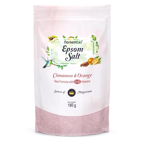Nortembio Sales de Epsom 100% Fragancia Canela y Naranja 180 g – Fuente Natural de Magnesio | Con Vitamina C y E Hidratante | Para Baños Relajantes, Spa y Cuidado de la Piel + E-Book Gratis