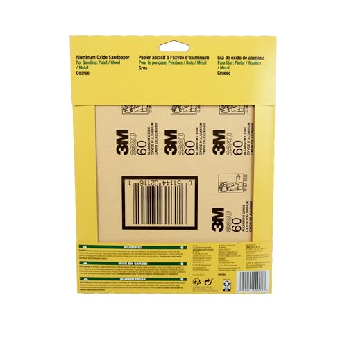 3M Sandpaper, 60 Grit, 4 Sheets, 9 in x 11 in, Sands Paint, Wood & Metal, Great For General Purpose Sanding, Coarse Aluminum Oxide Sand Paper (9003NA-20)