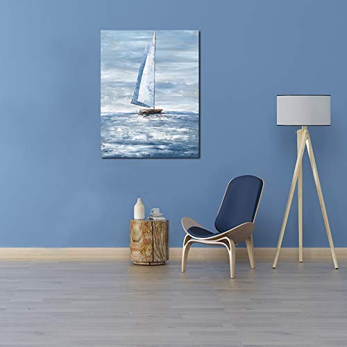 Yihui Arts Nautical Canvas Wall Art - Sailing Boat Painting - Modern Blue and White Abstract Coastal Pictures - Vertical Artwork for Living Room Bedroom Bathroom Decor - Image 7