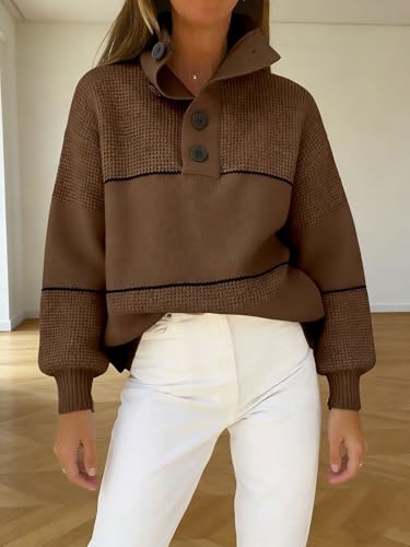 Image of CHARTOU Women's Waffle Knit Knitwear Slouchy Striped Polo Collared Long Sleeve Pullover Sweater Tops