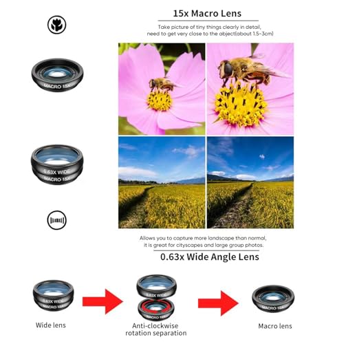 SagTuol Kit d'objectifs universels, 10 en 1 Objectif pour téléphone, 22x Téléphoto, Macro 15 x, 198° Fisheye, pour la Plupart des Smartphones – vue 4