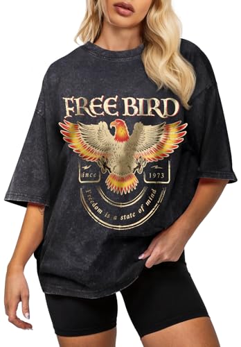 Flafens Oversized Washed Vintage Retro T Shirts for Women - Womens Graphic Tees Cotton Cute Cool Tshirts Teens Girls Boys Bird Design, X-Large