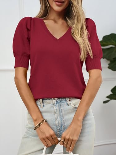 Image of Womens Puff Short Sleeve Sweater Tops 2026 Spring Summer Trendy Casual T Shirts Blouses