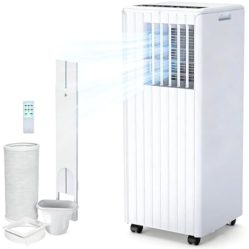 9000 BTU Portable Air Conditioner 4-in-1 Dehumidifier Fan Cooling & Sleep Mode 2 Speeds Remote Control with 24H Timer Mobile AC Unit for Rooms Up to 400 Sq.ft Window Venting Kit Included