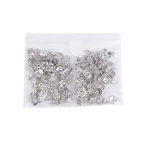 JNCH 100g 6-10mm Coupelle Perle Argent Antique Tibétain Métal Calottes Fleur Caps Chapeaux de Perles Intercalaires Cônes Mixte pour Breloque Création Bijoux DIY Collier Bracelet