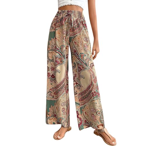 Boho Palazzo Pants for Women Drawstring High Waisted Print Loose Wide Leg Pants Flowy Casual Baggy Beach Pants