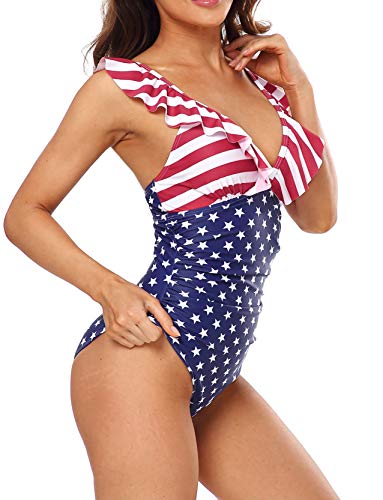 Sociala Ruffle Tummy Control One Piece Bathing Suits For Women July 4Th Ruched Monokini Swimwear V Neck Swimsuits Usa Flag S #TOP1