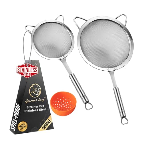 Stainless Steel Fine Mesh Strainer Set – 1 Large Flour Sifter with Sturdy Handle + 1 Small Mesh Sieve for Pasta & Rice + 1 Silicone Can Strainer – Stable, Durable, Dishwasher Safe, 5-Year Warranty(SS)