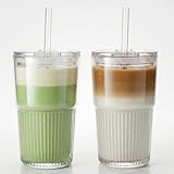VITEVER 2er-Pack Geriffelte Glasbecher mit Deckel und Strohhalmen – 450 ml Eiskaffee-Becher, Smoothie- und Cocktail-Trinkgläser, klares Glasgeschirr für zu Hause oder fürs Café