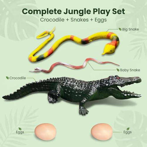 Image of ZESTHOME Crocodile & Snake Toy Set for Kids - Big Crocodile with Sound, Large Snake, Baby Snake with Eggs | Non-Toxic PVC Jungle Animal Toys for Learning, Pretend Play & Gift (Age 3+)