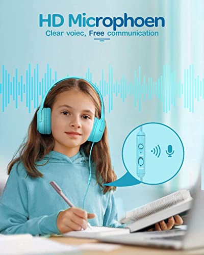 Image of awatrue Kids Headphones for School Travel, 85 /94dB Safe Volume Limit, 3.5mm Jack, HD Mic, Portable Wired Headphone with Shareport, Stereo Sound On-Ear Headphones for Toddler Kids Girls Boys Blue