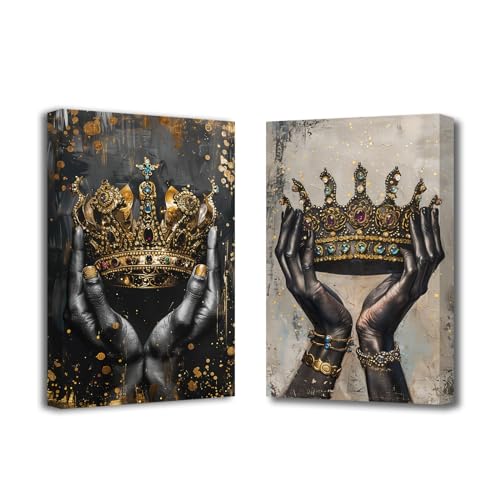 SWQYLB Crown Canvas Wall Art 2 Pieces King and Queen Crown Pictures Prints Abstract Gold Crown Painting Vintage Romantic Artwork for Couple Room Decor (Black, 12.00