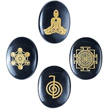 Crocon Black Agate Engraved Stone Reiki Symbols Polished Palm Stones Set of 4 Sacred Geometry Symbols Set for Good Luck Positive Healing Meditation Gemstone Gift Set