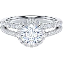 THELANDA 1CT Round Brilliant Cut Sterling Silver Split Shank Halo Promise Ring Engagement Ring For Her