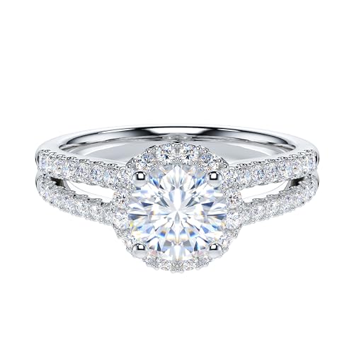 THELANDA 1CT Round Brilliant Cut Sterling Silver Split Shank Halo Promise Ring Engagement Ring For Her