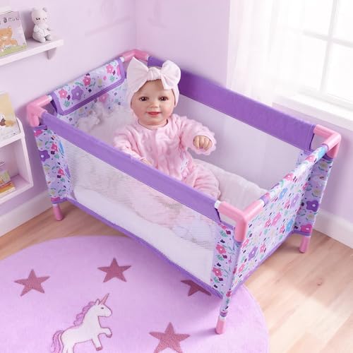 BABESIDE Baby Doll Crib Set for 18 Inch Dolls, Foldable Baby Doll Bed Playpen Toy Crib with Storage Bag for Reborn Baby Doll Accessories, Purple Babydoll Pack and Play